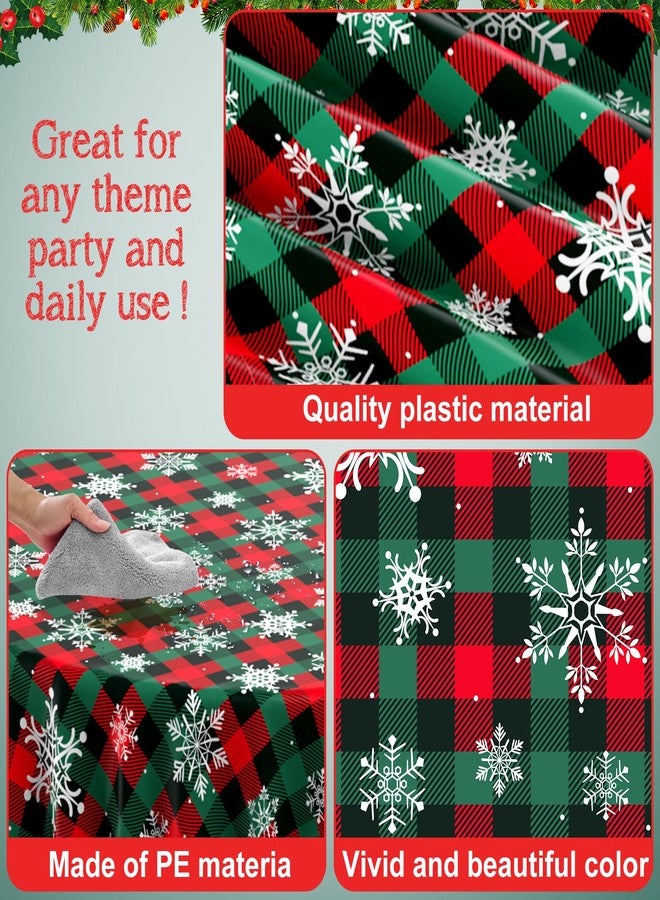 Jectivs 3Pcs Christmas Buffalo Plaid Snowflake Party Tablecloths Decorations,Plastic Red and Green Checkered Round Table Cover for Winter Christmas New Year Birthday Holiday Party Decorations,84 inch - Image 3